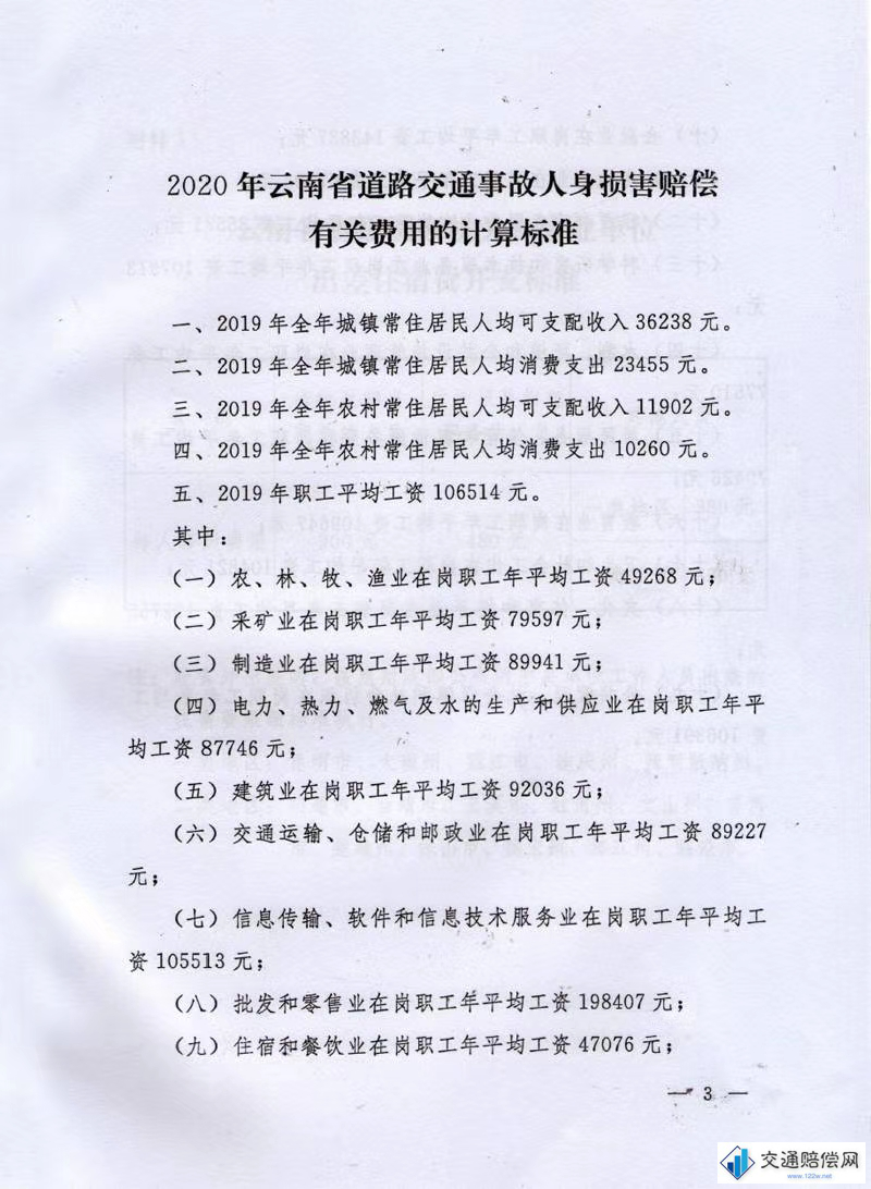 云南省高级人民法院 云南省公安厅 文件 云公交【2020】64号 关于印发2020年道路交通事故 人身损害赔偿有关有关费用计算标准的通知 第3页 云南省高级人民法院 云南省公安厅 文件 云公交【2020】64号 关于印发2020年道路交通事故 人身损害赔偿有关有关费用计算标准的通知 第3页