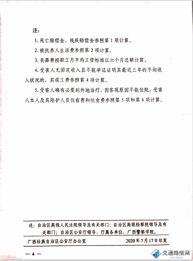 广西壮族自治区公安厅 广西壮族自治区高级人民法院 广西壮族自治区人民检察院 桂公通【2020】106号 广西壮族自治区公安厅 高级人民法院 人民检察院关于印发2020年广西壮族自治区 道路交通事故人身损害项目计算标准的通知 第四页 广西壮族自治区公安厅 广西壮族自治区高级人民法院 广西壮族自治区人民检察院 桂公通【2020】106号 广西壮族自治区公安厅 高级人民法院 人民检察院关于印发2020年广西壮族自治区 道路交通事故人身损害项目计算标准的通知 第四页
